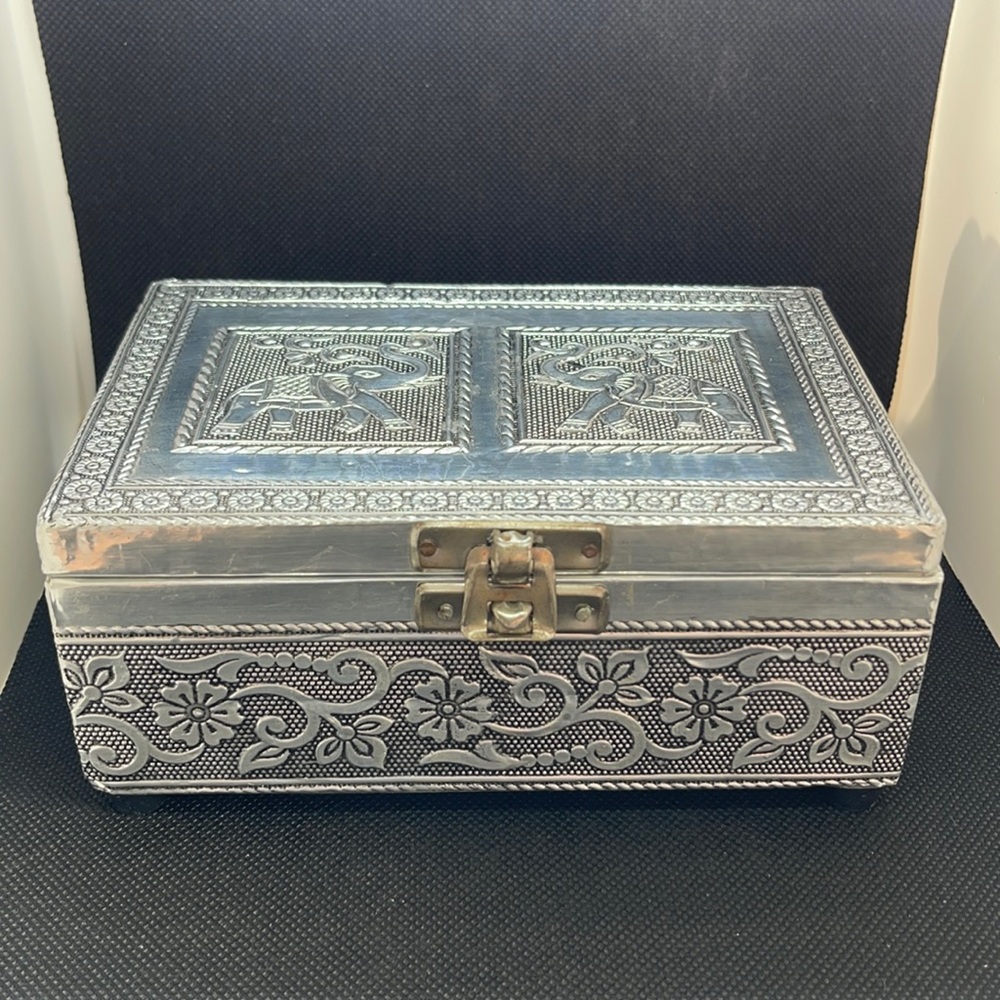 Tin and Wood carved trinket box